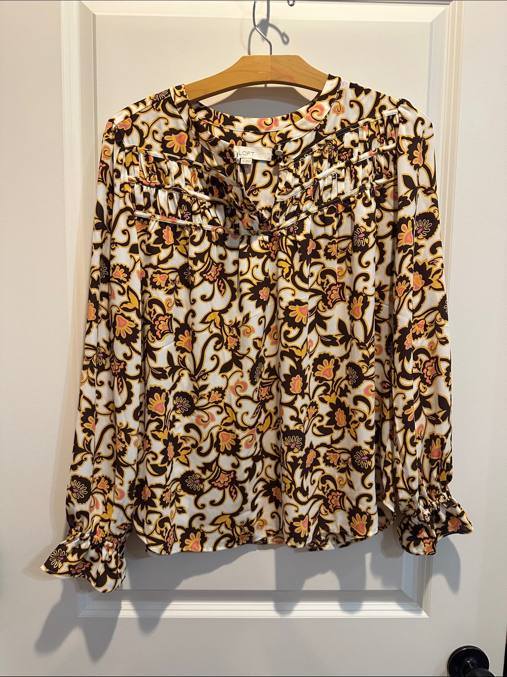LOFT Cream Floral Pintuck Yoke Long-Sleeve Blouse
